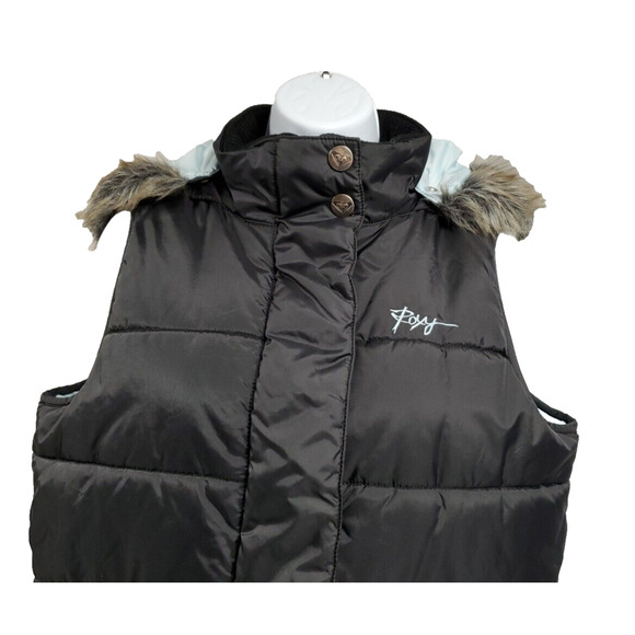 ROXY Womens Hooded PUFFER VEST Black Removable Fur Trimmed Hood Size Large - Picture 3 of 14
